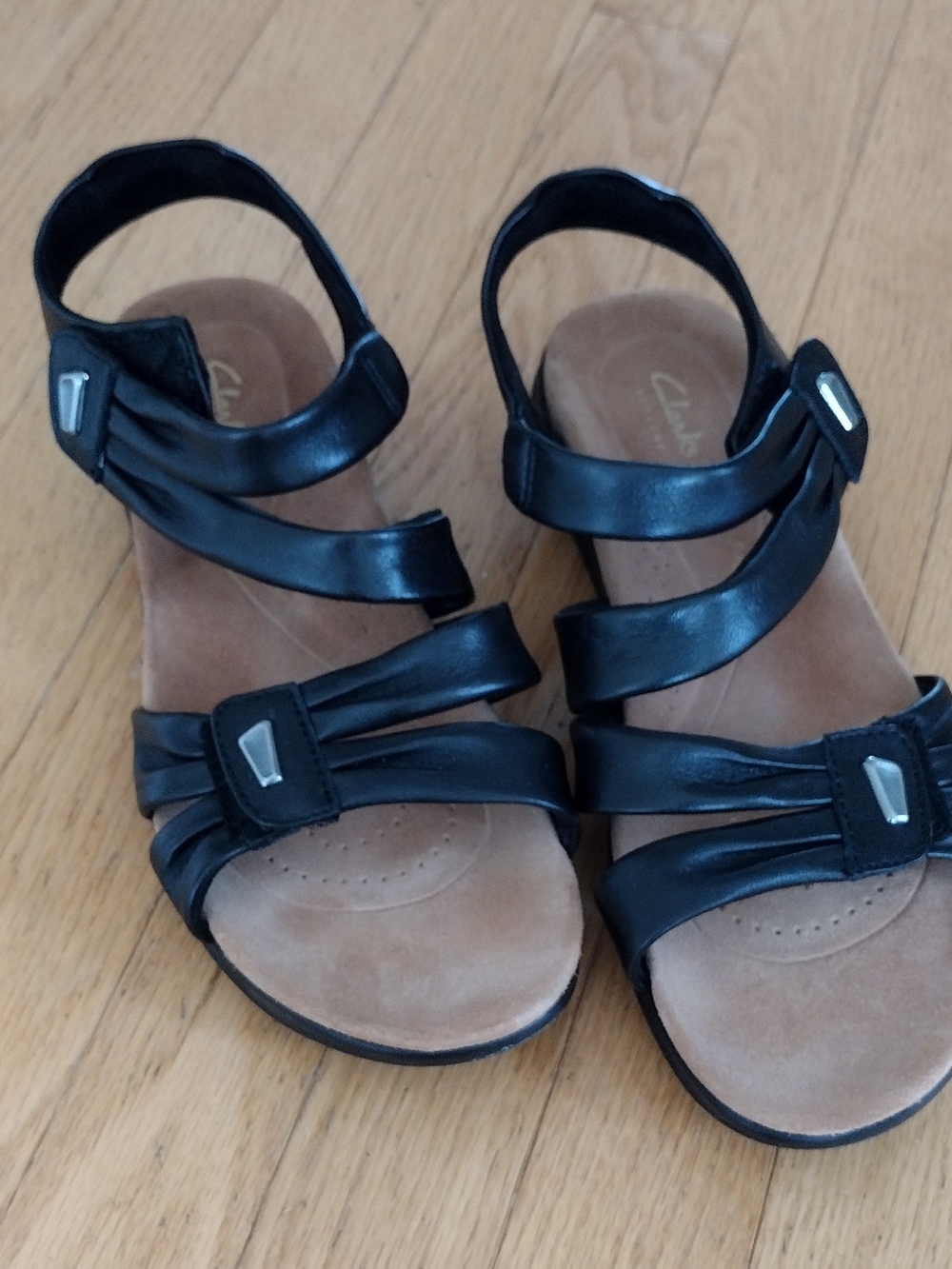 Clarks Black Leather Multi-Strap Women's Sandals